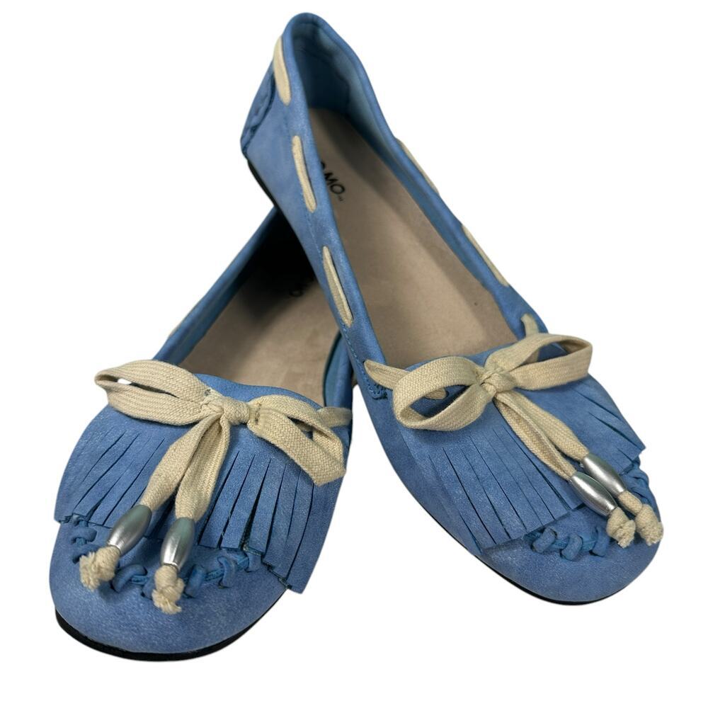 MOMO Blue Faux Suede Fringe Bow Moccasin Flat Loafer Shoe Womens 10M